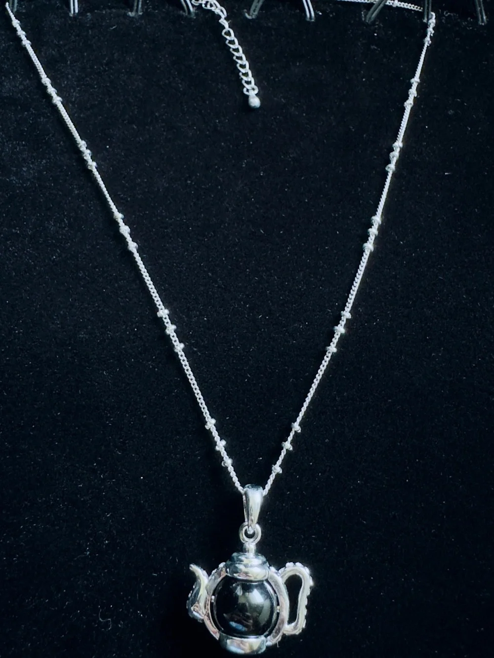 Sterling Silver Teapot Pendant Necklace with Black Stone